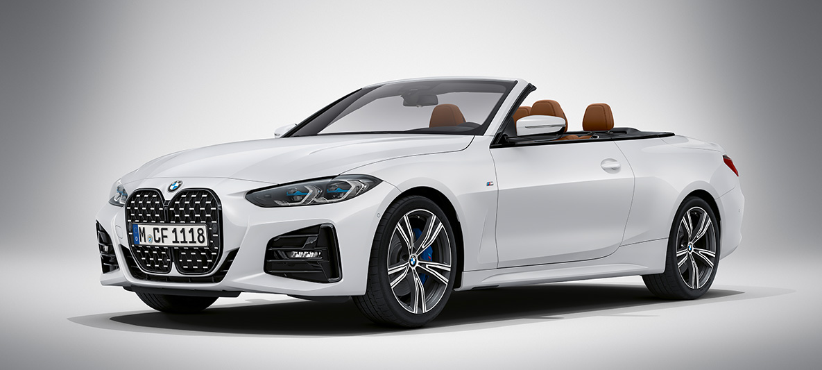 BMW 4 серии Cabrio G23 2020 "Белый Бриллиант металлик" BMW Individual BMW 4 серии Cabrio G23 2020 "Белый Бриллиант металлик" BMW Individual, вид спереди в три четверти в статике