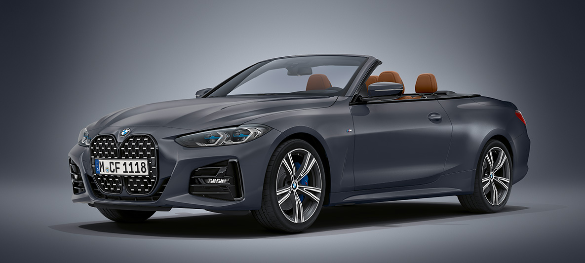 BMW 4 серии Cabrio G23 2020 "Морозный Насыщенный Серый металлик" BMW Individual BMW 4 серии Cabrio G23 2020 "Морозный Насыщенный Серый металлик" BMW Individual, вид спереди в три четверти в статике