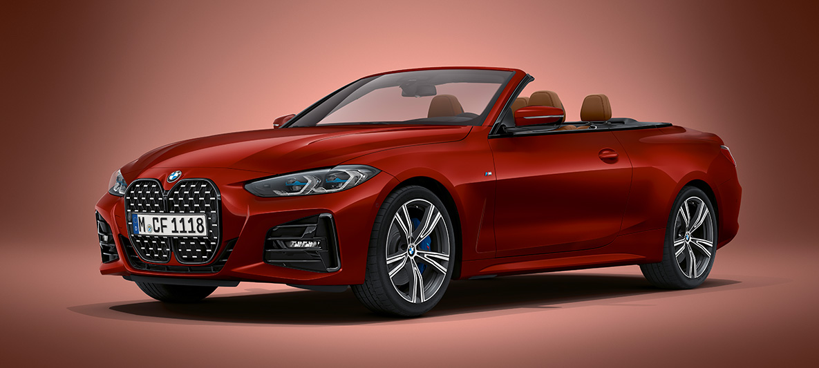 BMW 4 серии Cabrio G23 2020 "Красный Авантюрин металлик" BMW Individual BMW 4 серии Cabrio G23 2020 "Красный Авантюрин металлик" BMW Individual, вид спереди в три четверти в статике