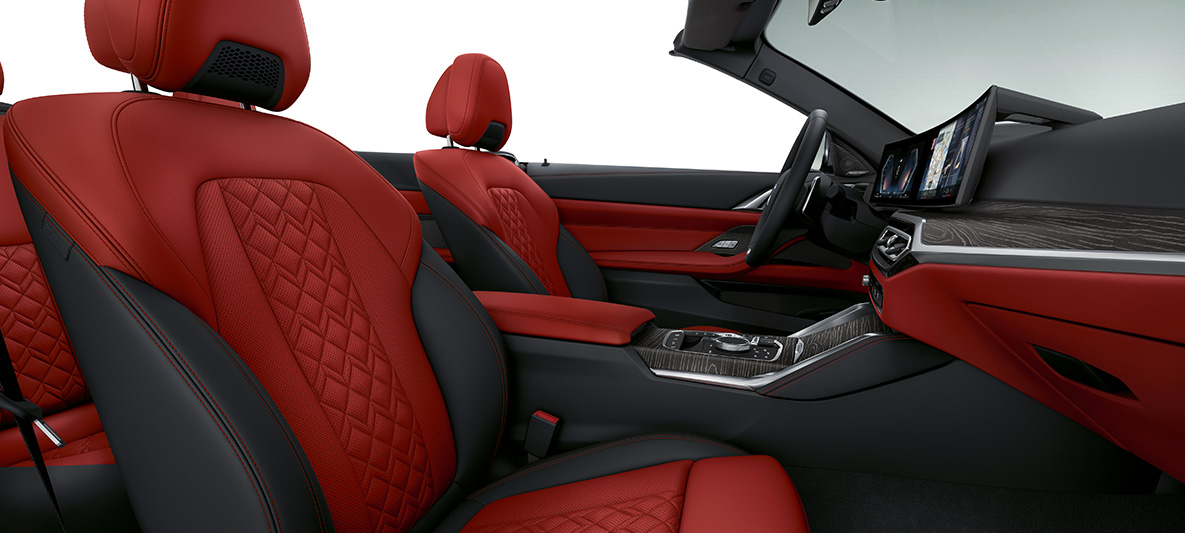 Салон BMW 4 серии Cabrio Individual 2020 G23, полная отделка кожей Merino BMW Individual цвета "Красный Фиона"/"Черный" Салон BMW 4 серии Cabrio Individual G23 2020, полная отделка кожей Merino BMW Individual цвета "Красный Фиона"/"Черный"